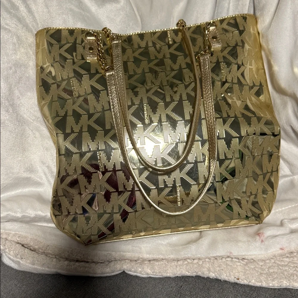 Michael Kors Metallic Gold MK Logo Tote - Picture 2 of 4